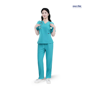 Ensemble de blouses médicales pour femmes Mechanic, vert menthe, col en V, manches courtes, uniforme d'hôpital, tissu en coton et polyester, pantalon inclus - Product Image 3