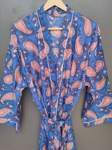 Bata de dormir para mujer con estampado de cachemira azul, manga larga, largo completo, tejido suave, con cierre de cordón - Product Image 4