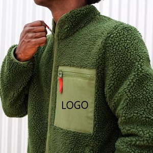 Men's Olive Green Fleece <b>Jacket</b> Full Zip Stand Collar <b>Pocket</b> Logo Front Casual Autumn Wear - Product Image 4