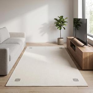Tapis artisanal en laine tissé plat, ivoire crème, minimaliste, moderne, scandinave, tissé à la main, antidérapant, à poils moyens, avec support en toile de coton - Product Image 1