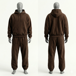 Unisex Brown Hooded <b>Tracksuit</b> Set Full Length Cotton Sweatshirt Jogger Pants Solid Color Casual Wear Autumn Season Regular Fit - Product Image 1