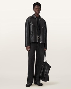 Blouson moto en cuir noir pour homme, col rabattu, fermeture éclair, coupe classique, couleur unie, matière PU, pour l'automne - Product Image 1