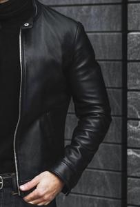 Veste de moto en cuir véritable noir de haute qualité pour homme, col montant, fermeture éclair, coupe ajustée, pour l'automne - Product Image 3