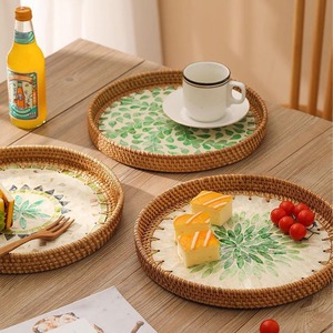 Vintage Boho Rattan Round Tray <b>Table</b> Decor Mother of Pearl Serving Tray Home Hotel Supplies Food Tray - Product Image 4