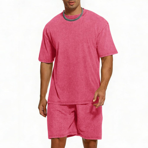 Ensemble short d'été deux pièces délavé à l'acide personnalisé pour hommes – Respirant, couleur contrastante, coupe ajustée et décontractée - Product Image 1