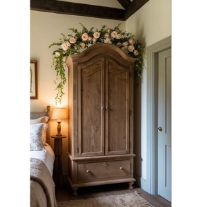 Armoire élégante en bois massif artisanal à 2 portes avec tiroir de rangement, finition rustique en pin naturel - Product Image 1