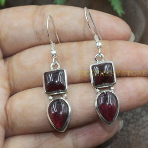 Boucles d'oreilles pendantes en argent sterling 925 avec grenat naturel, faites à la main, forme carrée et goutte d'eau, bijoux en pierres précieuses grenat, cadeau pour femme - Product Image 5