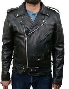 Men Genuine Leather Canvas Moto Jacket with Zipper <b>Belt</b> Pockets Epaulet Crew Neck <b>Slim</b> Fit Thin Winter Style - Product Image 6