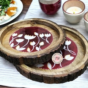 Round Wood Carved Serving Tray with Handles Retro Handmade Engraved Rustic <b>Platter</b> Tray Decorative Handmade Food Serving Tray - Product Image 3