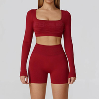 Conjunto de Yoga Morado de 2 Piezas, Cuello Cuadrado, Sin Mangas, Pantalones Cortos de Cintura Alta, Elástico en Cuatro Direcciones, Sólido, Ecológico, Transpirable, Ropa Deportiva