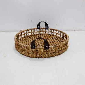 Water Hyacinth Serving Tray Decorative Storage <b>Basket</b> with Leather Handles for Coffee <b>Table</b> Home - Product Image 5
