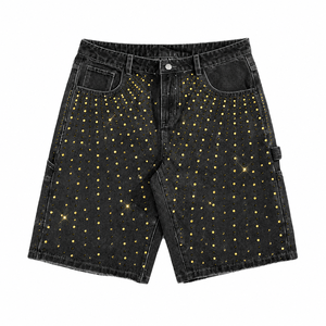 Shorts de Mezclilla Personalizados con Pedrería para Hombre, Shorts de Jean con Cristales, Venta al Por Mayor OEM ODM - Product Image 1
