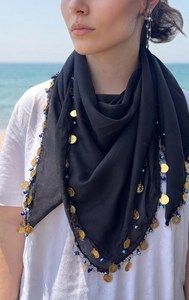 Handmade <b>Black</b> Silk Stretchable <b>Scarf</b> with Gold Coin Embroidery Square Shape for Women - Product Image 3