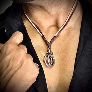 Vintage Alloy Double Ring Pendant <b>Necklace</b> with Pure <b>Leather</b> Cord for <b>Men</b> & Boys - Product Image 1