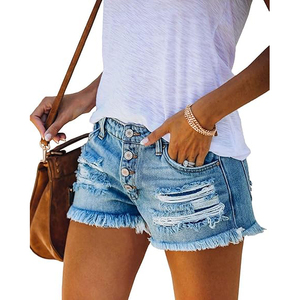 Shorts en jean taille haute avec poches arrière déchirées, ourlet brut, délavage léger et effet vieilli sur les jambes - Product Image 5