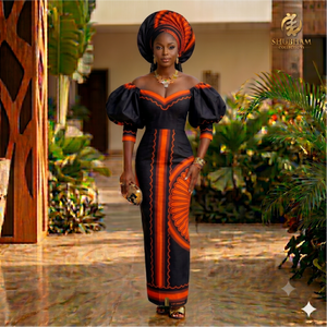 Robe longue en tissu wax africain marron et noir avec manches bouffantes et ensemble de foulard Gele assorti - Product Image 3