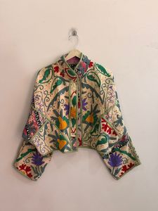 Hand Embroidered Floral Quilted Cotton <b>Jacket</b> <b>Mandarin</b> <b>Collar</b> Three Quarter Sleeves Short Length Boho Style Winter Spring Summer - Product Image 3