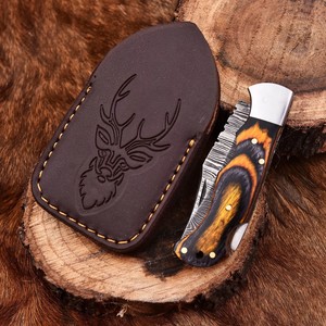 Cuchillo Plegable de Acero Damasco Nordic Forge con Bloqueo Trasero, Mango de Piedra Turquesa y Cuerno, Funda, Cuchillo de Bolsillo EDC para Camping y Caza - Product Image 5
