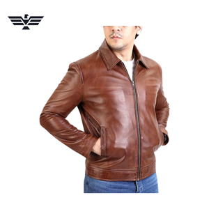 Chaqueta de Motociclista para Hombre, de Cuero Genuino Marrón, Impermeable, con Cuello Alto, Cierre de Cremallera, Corte Regular, Color Sólido, para Otoño - Product Image 3