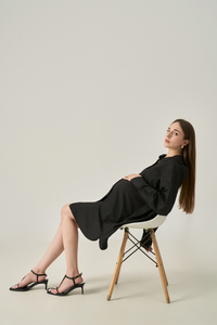 Vestido Camisero de Algodón para Mujer, Cierre de Botones, Manga Larga, Largo hasta la Rodilla, Transpirable, Corte Holgado, Estilo Casual Minimalista para Oficina - Product Image 4