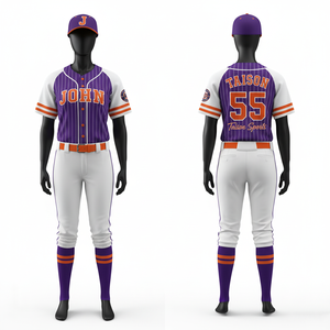 Uniforme de baseball pour femmes en tissu polyester respirant GSM à rayures fines, violet et blanc, avec panneau raglan, pantalon en jersey et logo personnalisé en twill. - Product Image 1