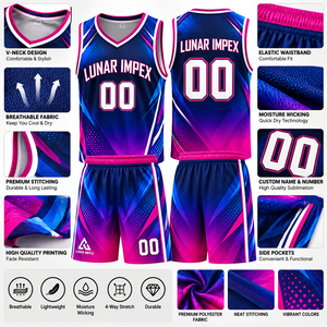 Ensemble Maillot et Short de Basketball Sublimé Personnalisé Bleu Rose Ombre avec Logo, Numéro et Nom d'Équipe - Product Image 3
