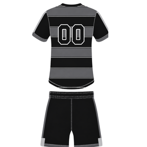 <b>Black</b> Grey <b>Short</b> Sleeve <b>Rugby</b> Uniform Set Crew Neck Striped <b>Rugby</b> Jersey Drawstring <b>Shorts</b> Athletic Performance Training Team - Product Image 2