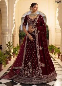 Velvet Embroidered Bridesmaid <b>Lehenga</b> Set Maroon Dupatta Floor-Length A-Line V-Neck Sleeveless Wedding Party Ethnic Dress - Product Image 3