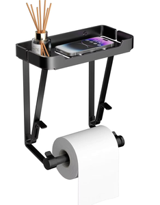 Support mural double en acier inoxydable noir mat OEM/ODM pour rouleaux de papier toilette avec étagère de rangement – Organisateur de salle de bain - Product Image 3