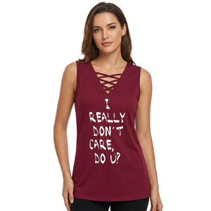 Camiseta sin mangas de punto cruzado color granate para mujer, con estampado 'I Really Don't Care', informal, sin mangas, de secado rápido, transpirable, 180g, 100% algodón - Product Image 1