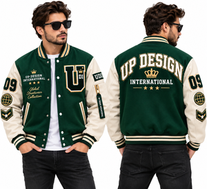 Chaqueta Universitaria Personalizada Verde y Crema, Chaqueta Bomber de Béisbol de Lana Premium con Logotipo Bordado, Chaqueta Universitaria Estilo Urbano - Product Image 1