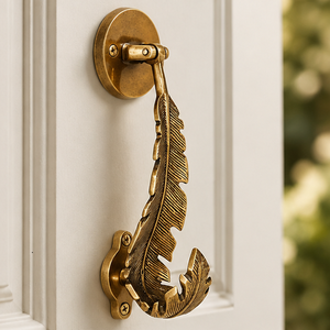 Feather Form Door Knocker in Textured <b>Gold</b> Bronze Tone with Detailed Quill Pattern and Curved Tip <b>Ornamental</b> Entrance Hardware - Product Image 3