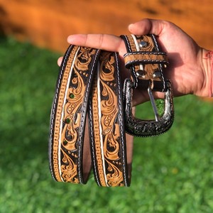 Cinturones florales pintados a mano de cuero genuino occidental novedad - Product Image 6