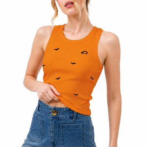 Wholesale Women Pumpkin Orange Bat Print Ribbed Tank Top Sleeveless Casual Vest Washed Summer Boutique Women's Shirts Supplier - Product Image 4