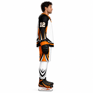 Conjunto de Uniforme de Hockey sobre Hielo, 100% Poliéster, Impresión por Transferencia de Calor, Negro, Blanco, Naranja, Unisex para Adultos, Ropa de Equipo, Número Personalizado, Deportivo - Product Image 2
