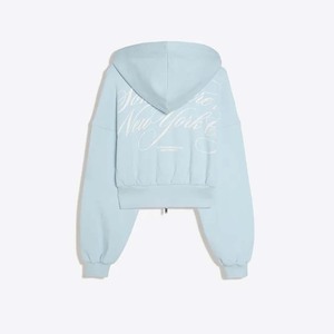 Sweat-shirt à capuche court pour femme, bleu clair, manches longues, fermeture éclair, décontracté, couleur unie, polaire, hiver, logo frontal - Product Image 3