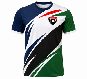 T-shirt sportif à manches courtes et col rond pour homme Dumela, imprimé géométrique, séchage rapide, respirant, logo frontal, tricoté, 100 % polyester, coupe ajustée - Product Image 1