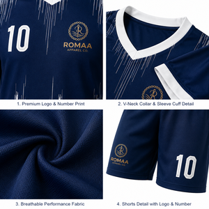 Ensemble Maillot et Short de Football Personnalisé Bleu Marine, Blanc et Or, Col en V, Uniforme d'Équipe de Football Sublimé, OEM, Anti-Transpiration, Extensible dans les Quatre Sens - Product Image 3