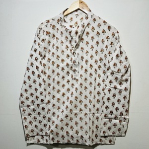 Kurta Corta de Manga Larga Color Naranja 100% Algodón, Cómoda y de Lujo para Hombre |   Kurta de Edición Especial Festiva con Estampado Floral Hecho a Mano - Product Image 1