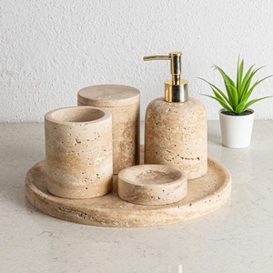 Ensemble d'accessoires de salle de bain en marbre naturel : distributeur de savon, porte-brosse à dents, gobelets, distributeur de savon moussant pour hôtel - Product Image 5