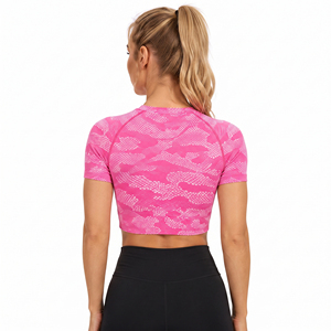 Women's Camouflage Print Short Sleeve Crop <b>Top</b> Crew Neck Fitness Wear Short <b>Top</b> Tee Breathable Knitted Compression Crop Tee - Product Image 2