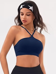 Women High Neckline Halter Workout <b>Bra</b> <b>Open</b> Back Spaghetti Strap Bralette Breathable Seamless Fabric Gym Exercise Top - Product Image 1