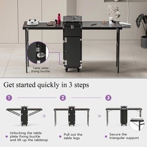 Portable Foldable Rolling Nail <b>Table</b> Desk 2 Desktop Cosmetic Trol <b>Makeup</b> Train Case Manicure <b>Table</b> with Wheels for Nail Teaching - Product Image 4