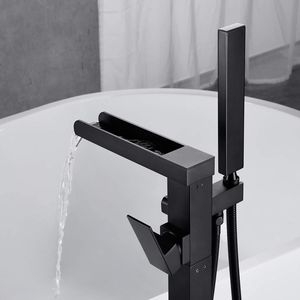 Rubinetto da Bagno Nero Opaco Autoportante con Cascata e Doccetta, Montaggio a Pavimento - Product Image 4