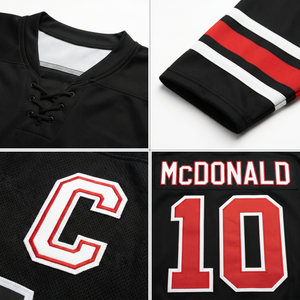 Maillot de hockey sur glace personnalisé sublimé, uniforme d'équipe classique, 100 % polyester, maille épaisse, noir, rouge, blanc, fabricant OEM - Product Image 4