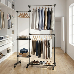 OEM Modern Eco-Friendly Floor Type Double <b>Metal</b> Chrome Clothes Display Racks Home Storage Organizer Series - Product Image 1
