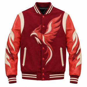 <b>Red</b> <b>Wool</b> And Leather Sleeves Varsity Letterman Jacket With Bird Embroidery And Snap Button Closure Street wear Autumn - Product Image 1