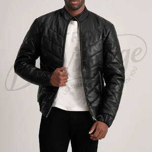 Blouson en similicuir noir matelassé pour homme, style bomber, col montant, coupe ajustée, décontracté, pour moto, veste softshell - Product Image 1