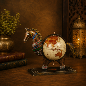 Globo Terráqueo Decorativo de Metal con Acabado Antiguo Hecho a Mano, Adorno de Escritorio, Artesanía Tradicional India, Decoración para Sala de Estar - Product Image 1