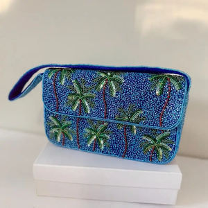 Beaded Palm Tree Shoulder Bag Bohemian Style Single Strap Zipper Closure Blue Women's <b>Handbag</b> <b>Summer</b> Daily Use - Product Image 3